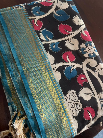 Aqua Blue Silk cotton set with kalamkari dupatta
