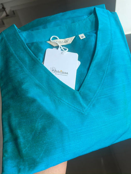 Aqua Blue Silk cotton set with kalamkari dupatta