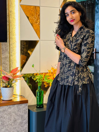 Anvitha - Silk Cotton Printed wrap top and skirt - Black