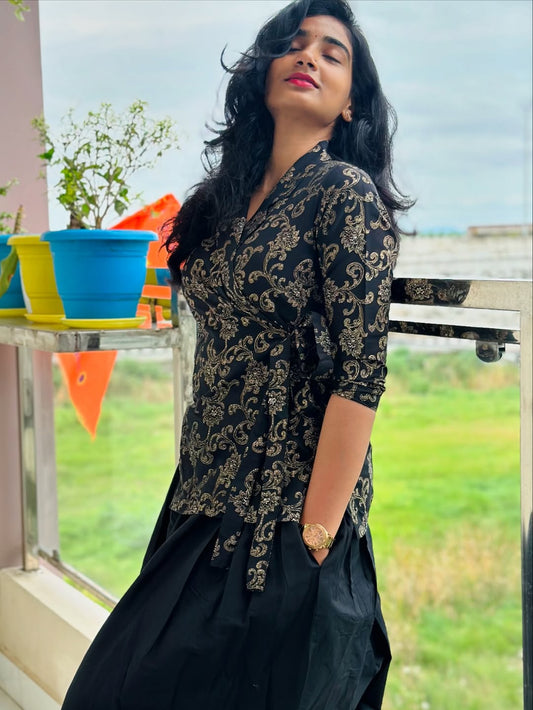 Anvitha - Silk Cotton Printed wrap top and skirt - Black