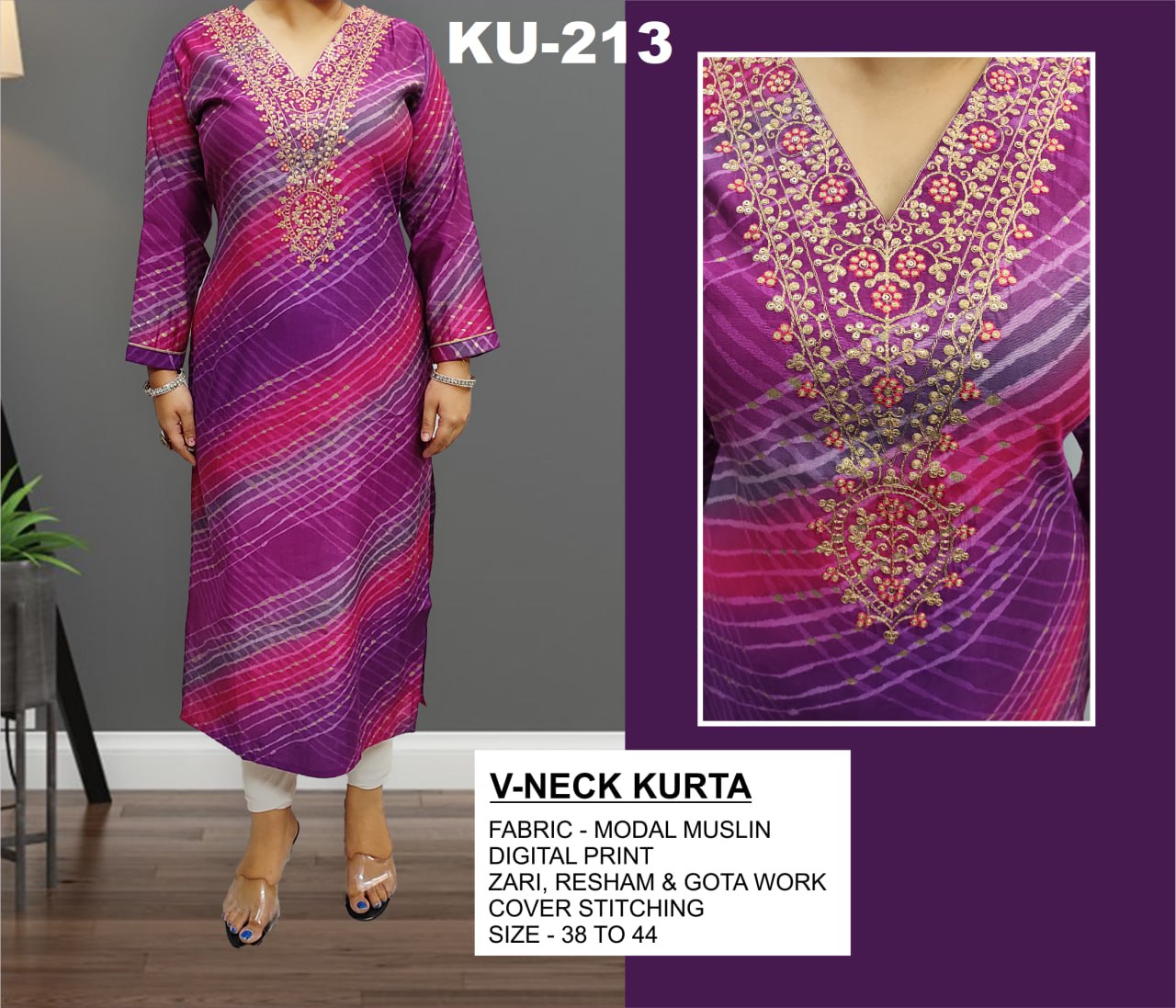 Rathika - Maslin Lehariya kurta with hand work - Purple