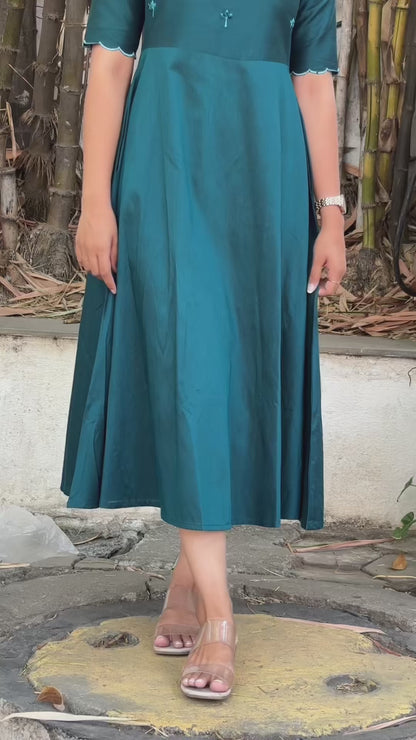 Tara - Teal color silk cotton dress with handwork
