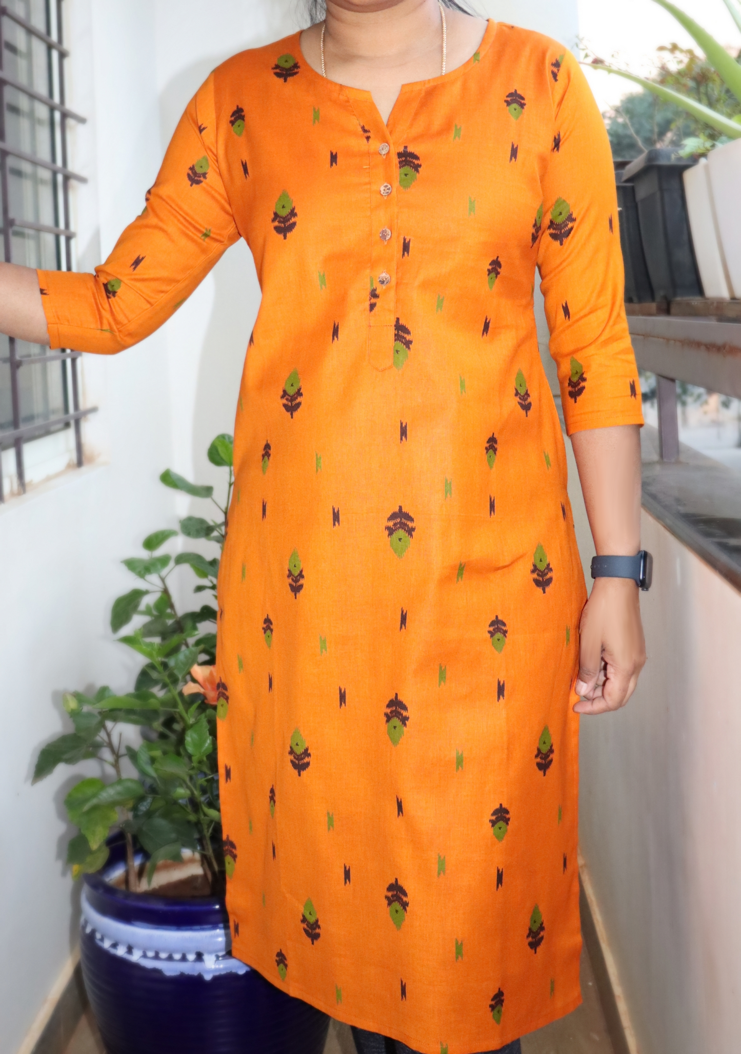 Cotton flex kurti with front openable buttons - Orange