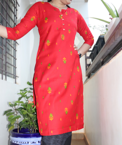 Cotton flex kurti with front openable buttons - Red